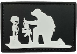 Military Soldier Kneeling at Grave- Remember the Fallen Solider PVC Patch Black and White